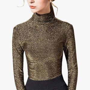 LONGBIDA | Gold Fitted Long Sleeve Turtleneck Blouse Size Large